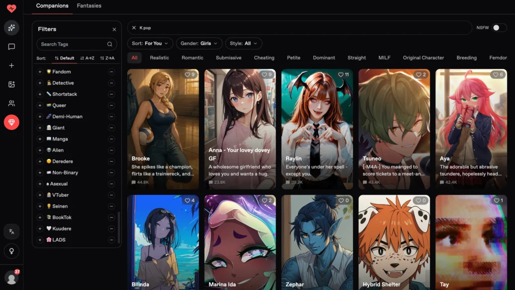 Nectar AI companion characters shown in the K-pop search results.