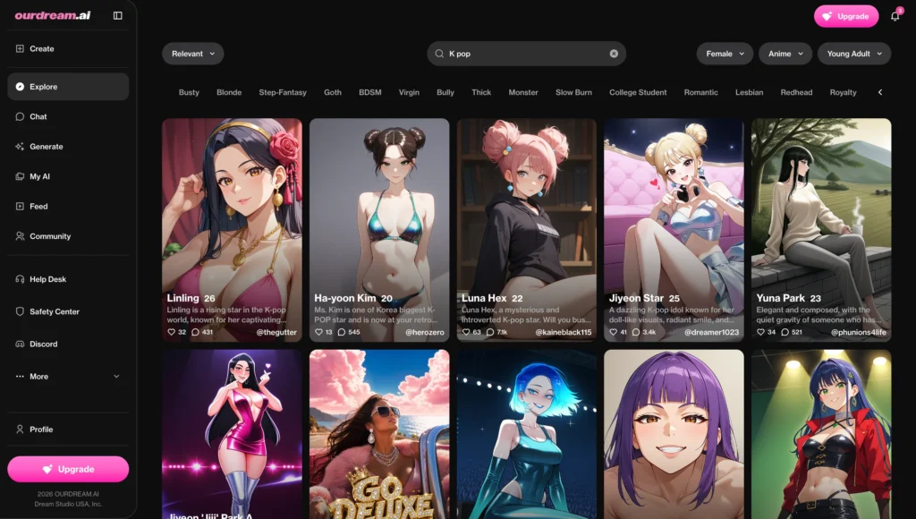 OurDream AI K-pop-inspired characters displayed in the Explore section.