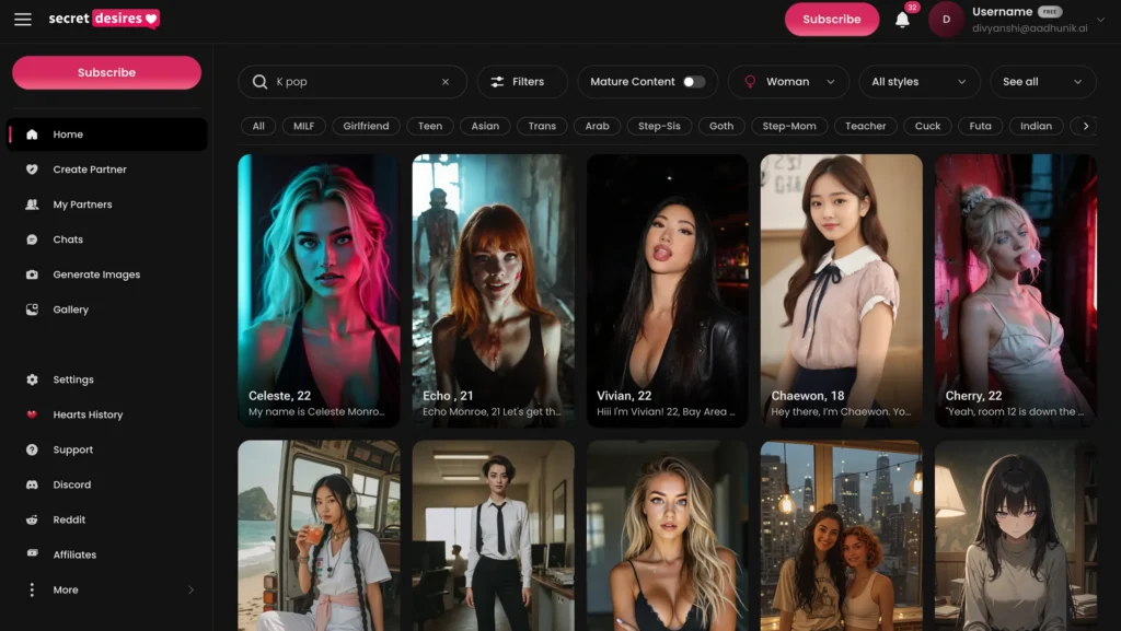 Secret Desires AI K-pop characters displayed in the companion library.