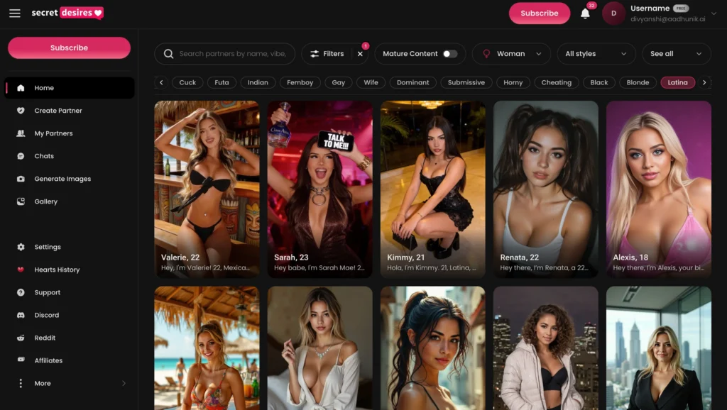 Screenshot of secretdesires website showing a grid of realistic AI-generated Latin women.