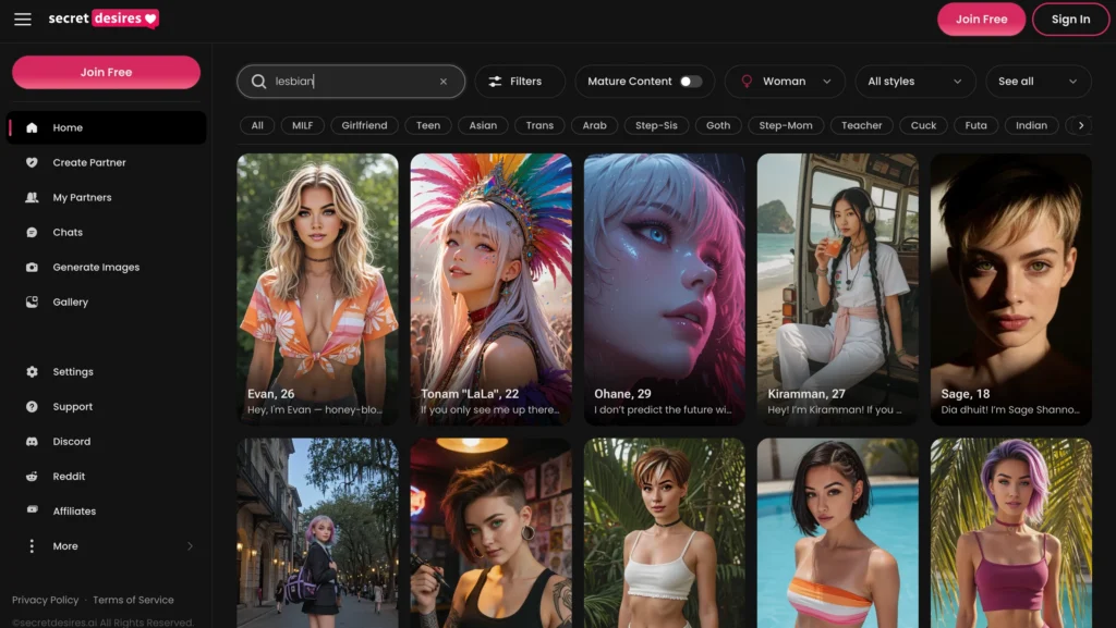 Secret Desires AI female companion for personalized AI chat.