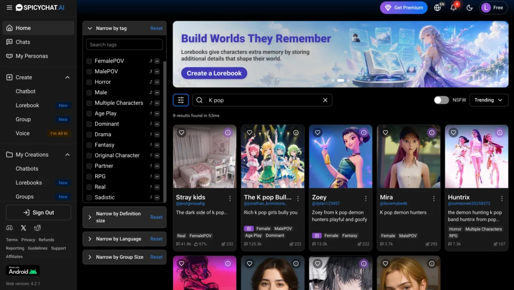SpicyChat AI K-pop characters and roleplay scenarios in search results.