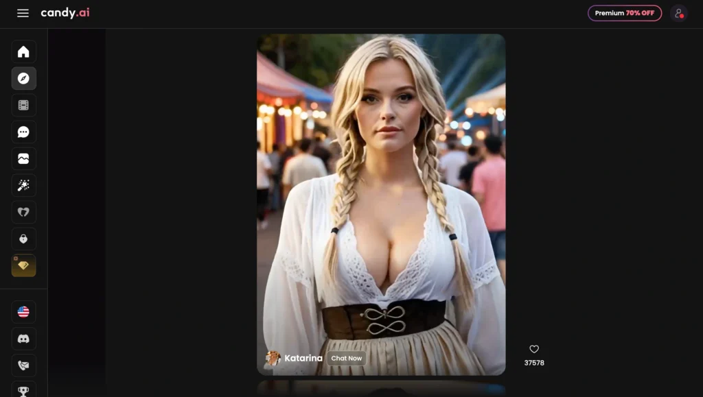 Candy AI visual feed showing an AI companion video and discovery controls.