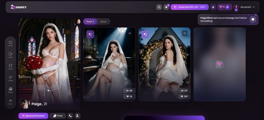 Swipey AI companion profile showing creator posts and character images.