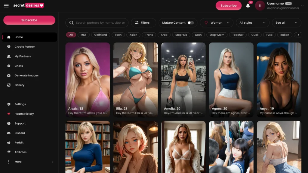Secret Desires homepage showing AI companion cards with search and category filters.