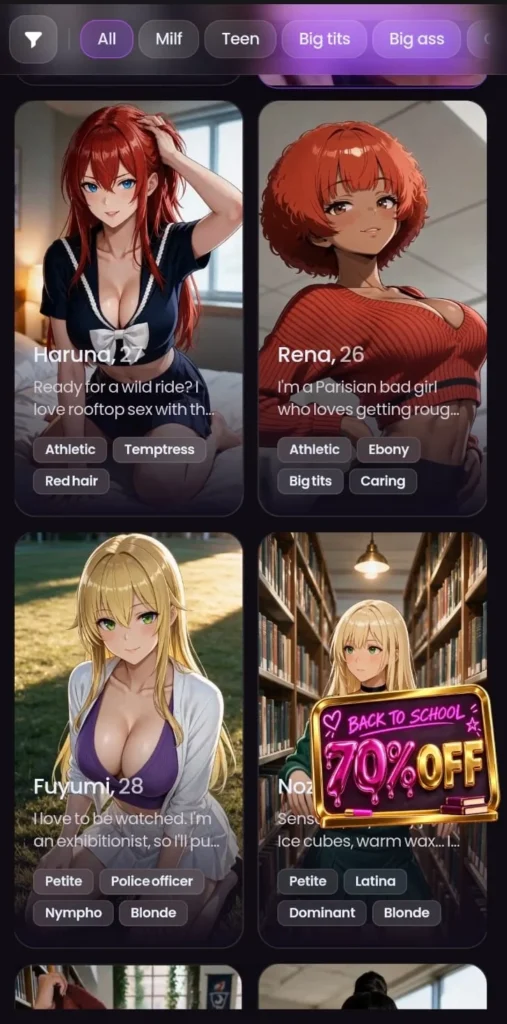 Grid of anime-style AI companions with filters for Milf, Teen, Big tits, and Big ass.
