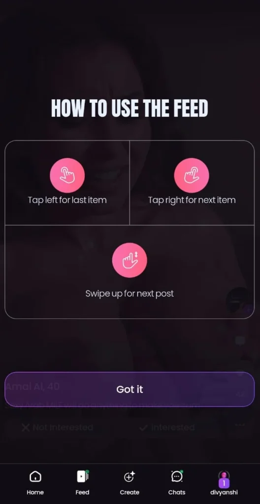 Tutorial overlay explaining tap left, tap right, and swipe up gestures in the Feed.