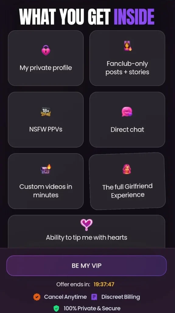 List of Fan Club perks including private profile, NSFW PPVs, custom videos, and tipping.
