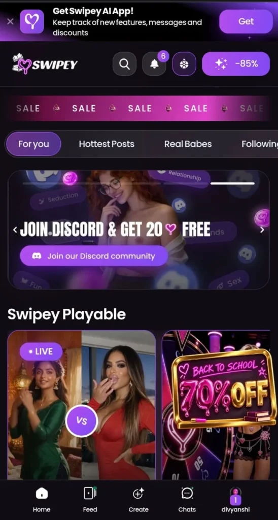 Swipey mobile homepage with For You tabs, Discord promo, and Swipey Playable section.
