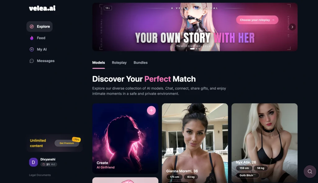 Velea.ai female AI companion for personalized AI conversations.