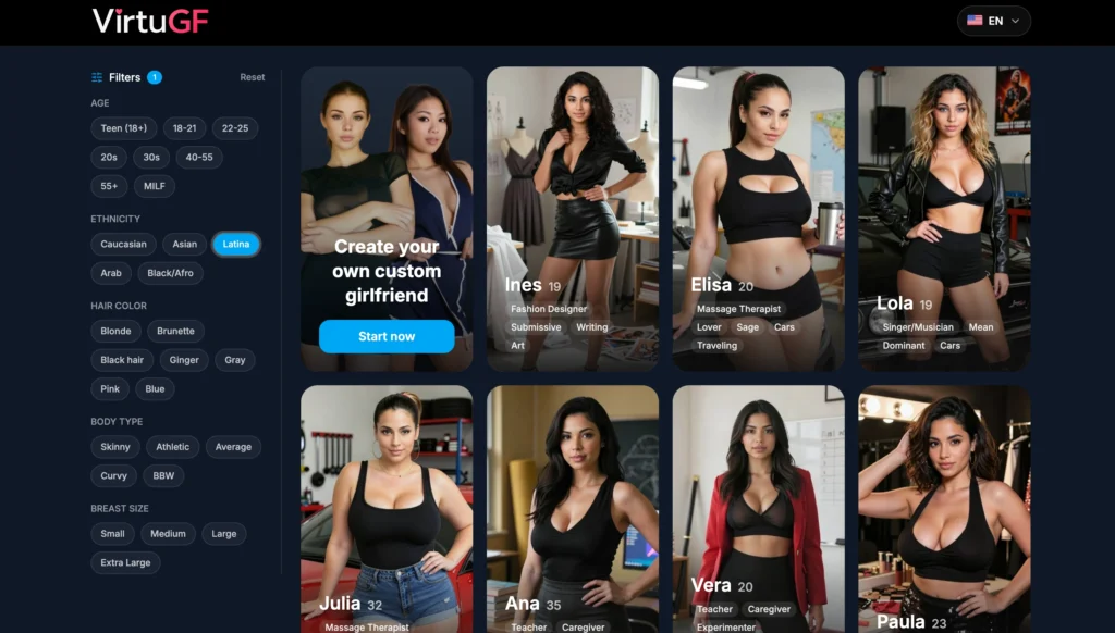 Screenshot of VirtuGF Latina AI girlfriends page.