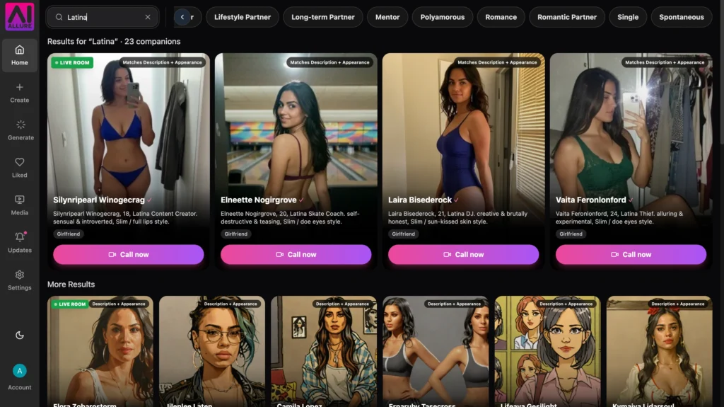Screenshot of AI Allure website showing Latina AI companion profiles with Call now buttons.