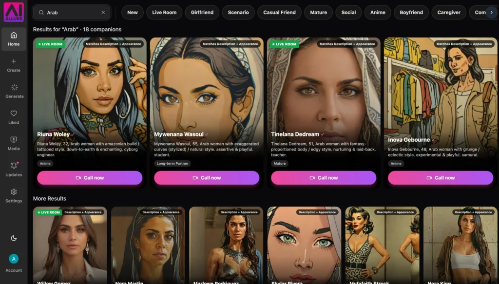 Arab AI companion from aiAllure with voice, image, and video features.