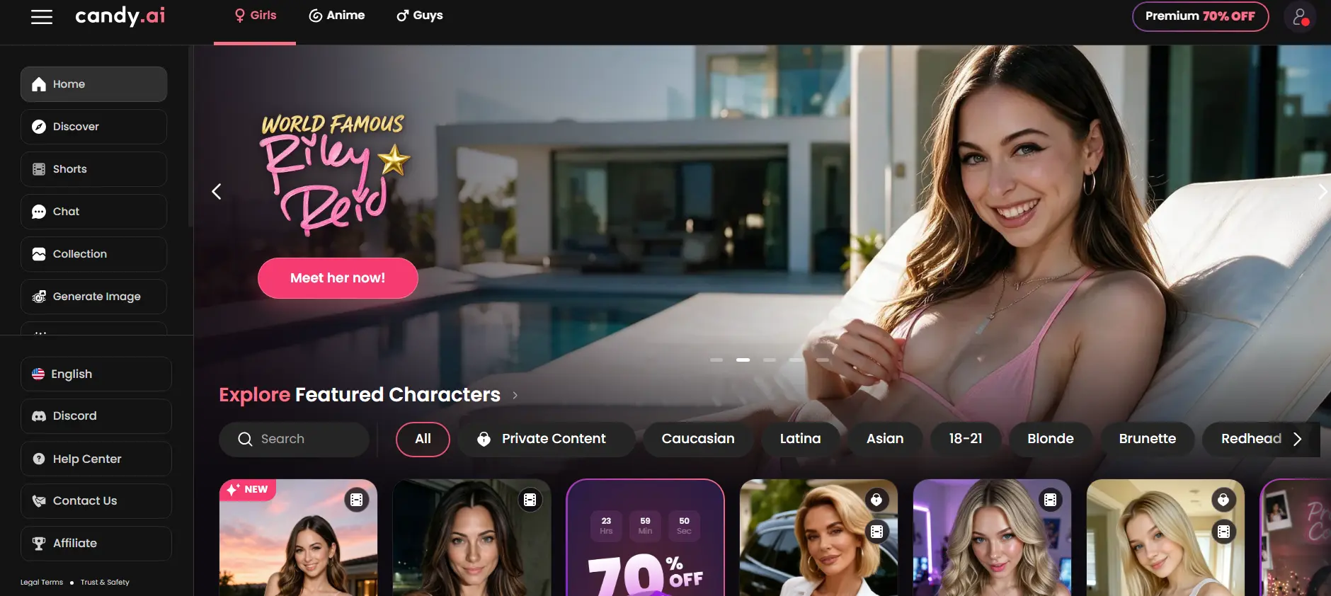 Candy AI homepage showing character discovery grid with filters for appearance and content type