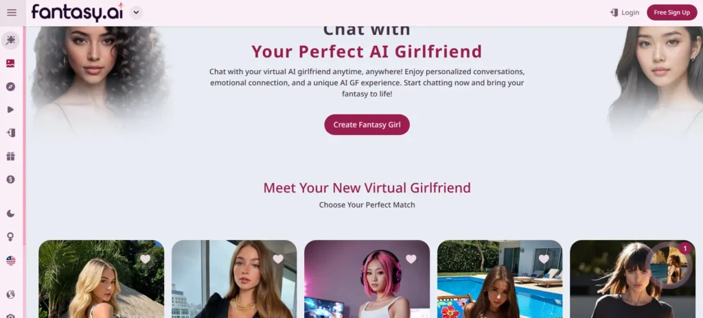 Fantasy AI homepage with a hero banner inviting users to chat with their AI girlfriend and a row of companion thumbnails