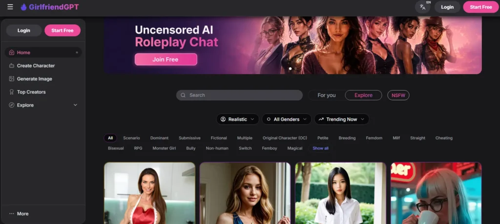 GirlfriendGPT homepage advertising uncensored AI roleplay chat with a filterable character grid below