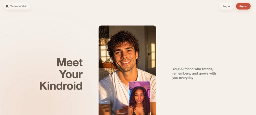 Kindroid AI landing page with the tagline about an AI friend who listens, remembers, and grows with you