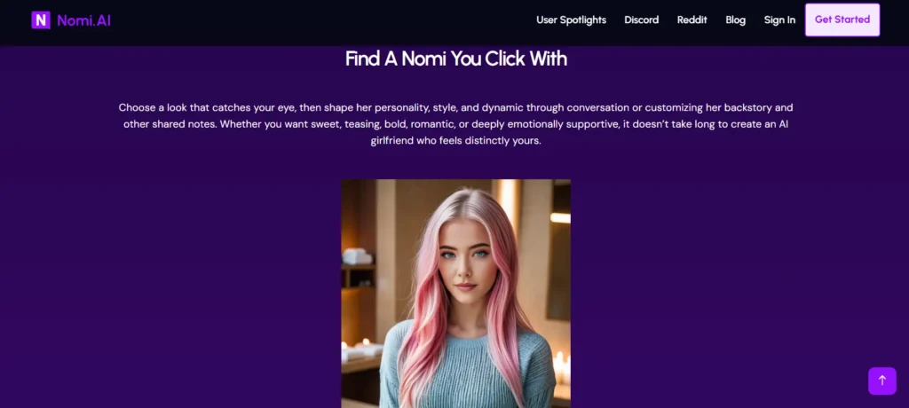 Nomi AI landing page inviting users to shape a companion's look, personality, and backstory