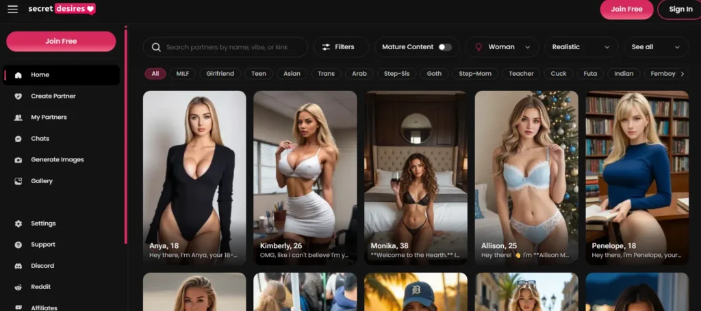 Secret Desires AI homepage showing a grid of AI companion profiles with names and opening messages