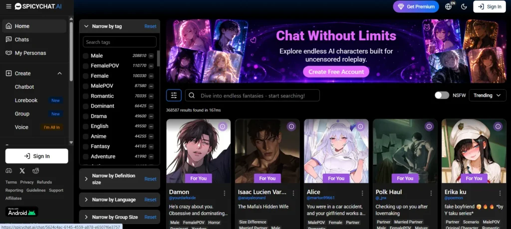 SpicyChat AI homepage with sidebar filters for tag, definition size, and language above a grid of user-created characters