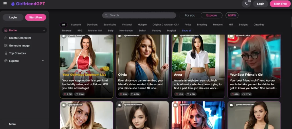 GirlfriendGPT platform interface displaying character card grid, scenario tags, search bar, and Start Free call-to-action button.