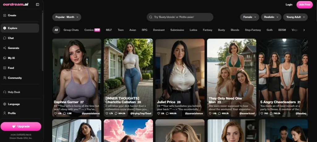 Screenshot of the OurDream AI web interface, displaying a side navigation bar and a gallery grid of AI companion profiles with category filters like Group Chats, Comics, and RPG.
