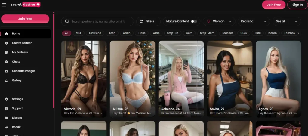 Alt Text

Screenshot of the Secret Desires interface featuring a side menu and a character discovery gallery with realistic AI companion cards, search controls, and filter tags.