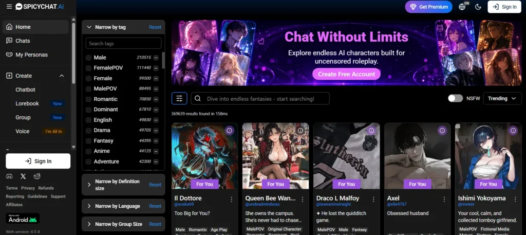 Screenshot of the SpicyChat AI homepage displaying a "Chat Without Limits" banner and a gallery of user-created AI characters available for uncensored roleplay.