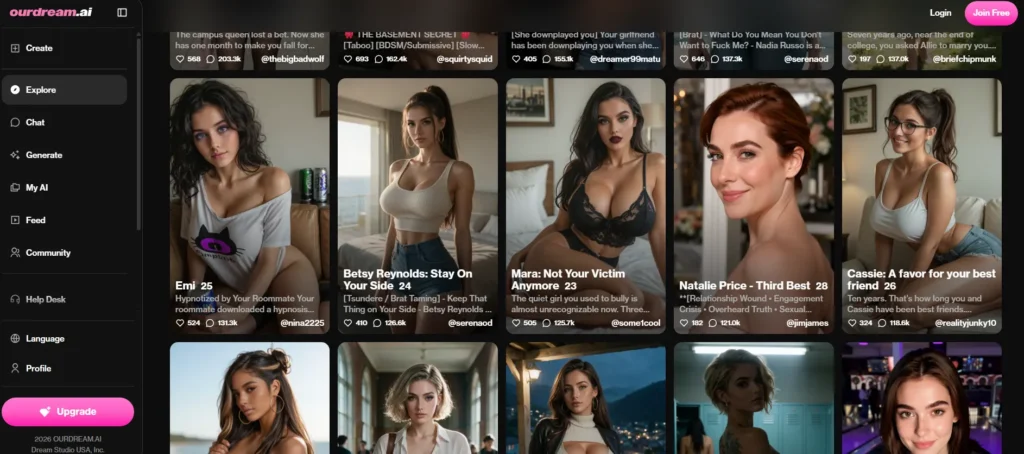Ourdream.ai platform interface showing story-driven character cards with titles, scenario descriptions, and story-based avatars.