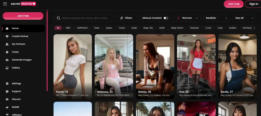 Secret Desires platform interface displaying character search filters, customization options, and partner profile grid