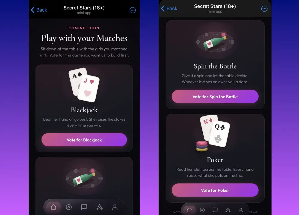 Side-by-side screenshots showing the Secret Stars "Play with your Matches" feature with voting cards for Blackjack, Spin the Bottle, and Poker