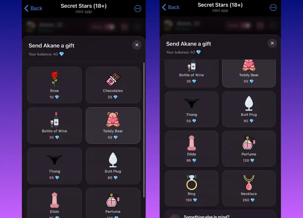 Side-by-side screenshots showing the Secret Stars in-app gift catalog with items priced in gems.