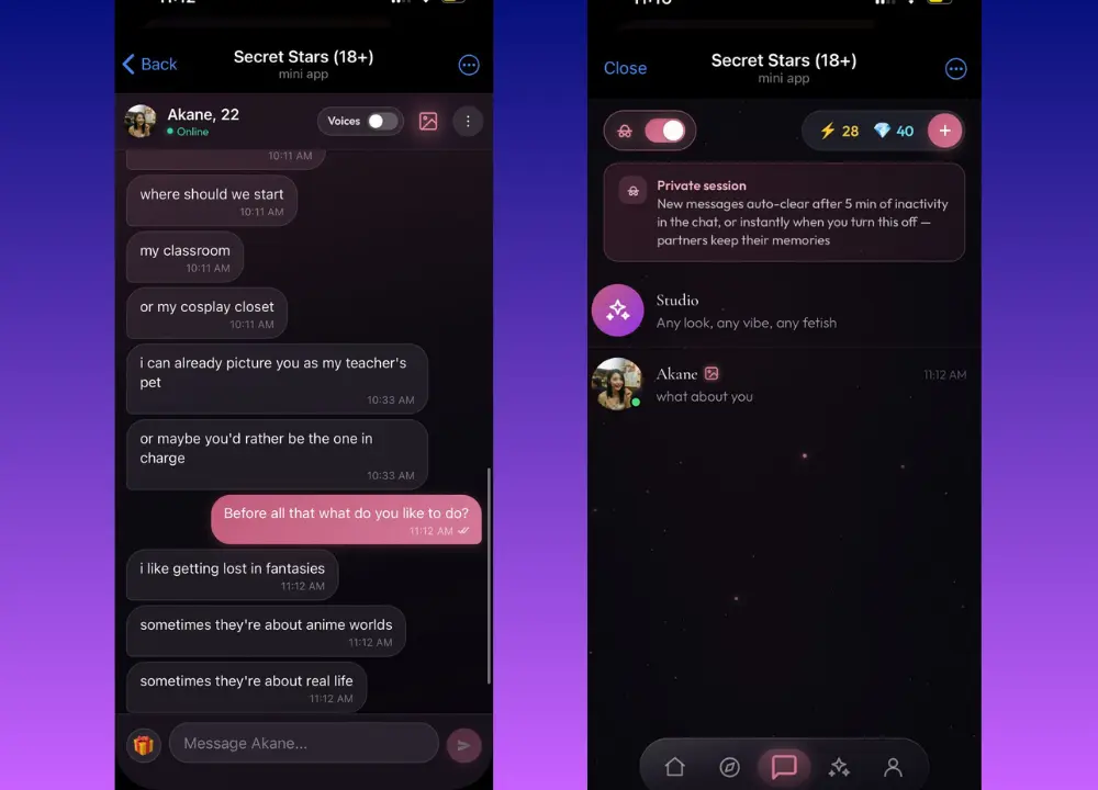 Interface screenshots of the Secret Stars Telegram mini-app displaying chat options, voice feature toggles, character profile controls, and private session settings.