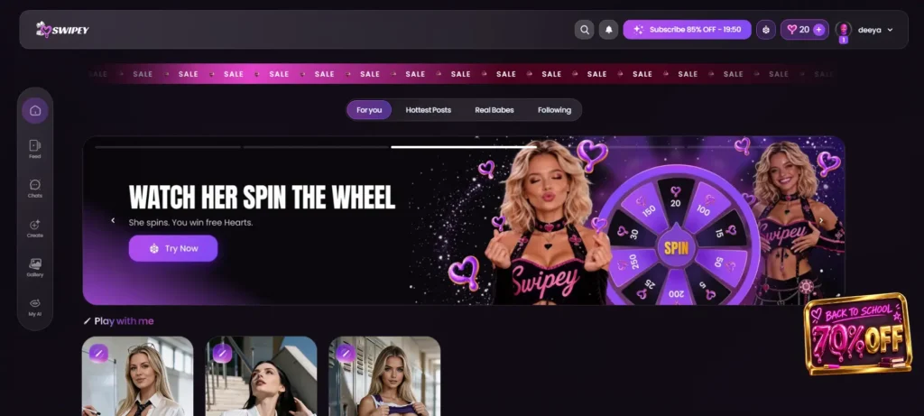 Swipey AI platform interface showing the spin-the-wheel reward feature, promotional discount banner, and character feed.