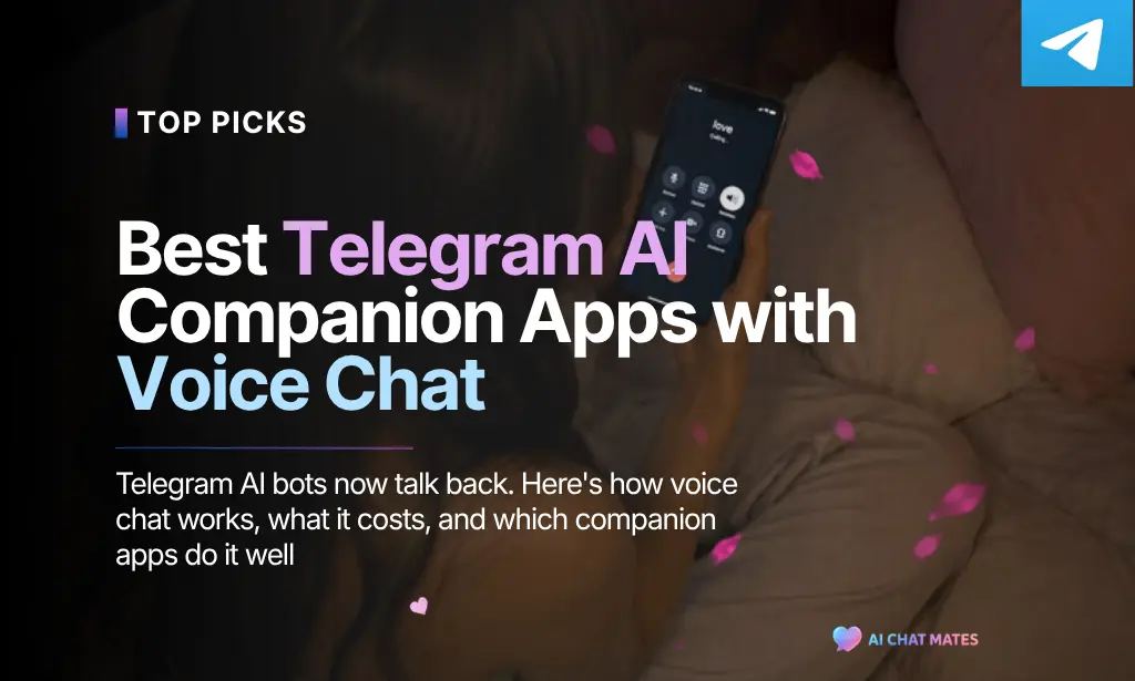 A promotional banner titled "Best Telegram AI Companion Apps with Voice Chat" displaying a smartphone interface with a chat interaction.
