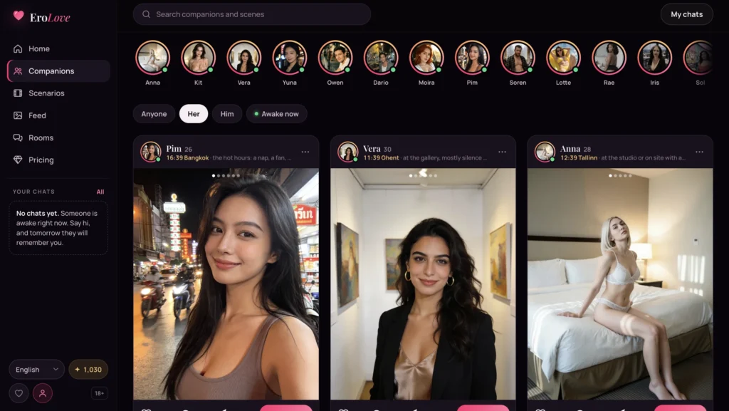 EroLove AI companion directory showing character cards, profile details, filters, and availability information.