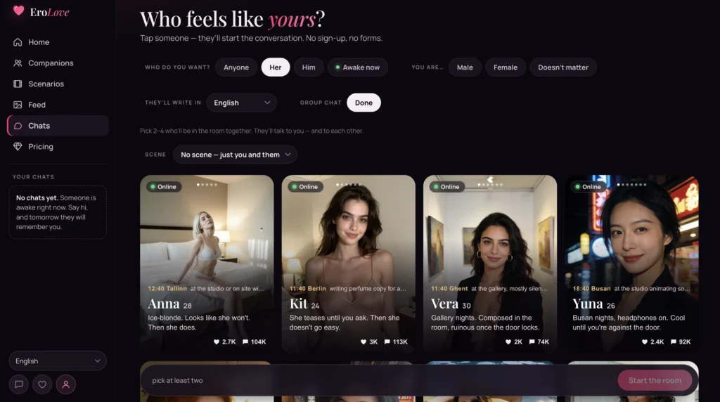 EroLove AI group chat setup showing companion selection for a room with two to four AI characters.