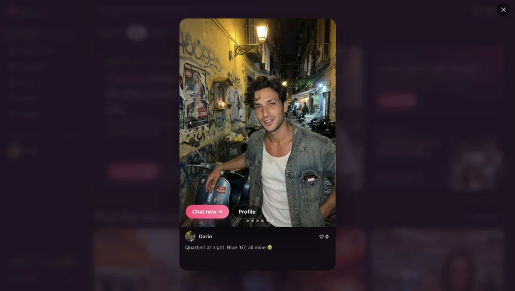 EroLove AI feed displaying a social post from Dario with its accompanying image and post details.