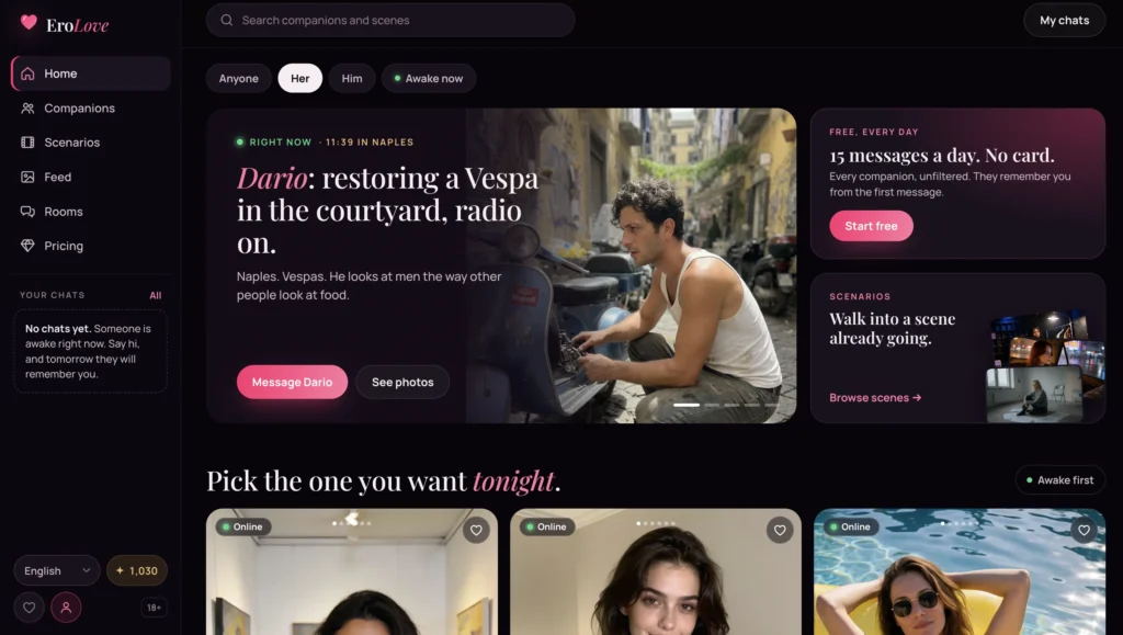 EroLove AI homepage showing Dario, featured AI companions, roleplay scenarios, and 15 free messages per day.