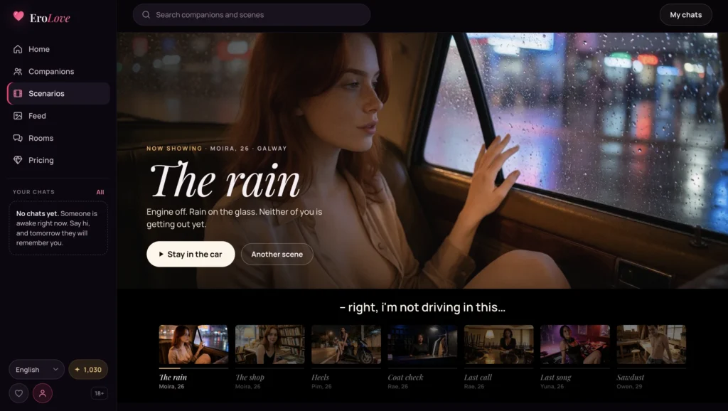 EroLove AI's The Rain roleplay scenario featuring Moira in a rainy car setting.

