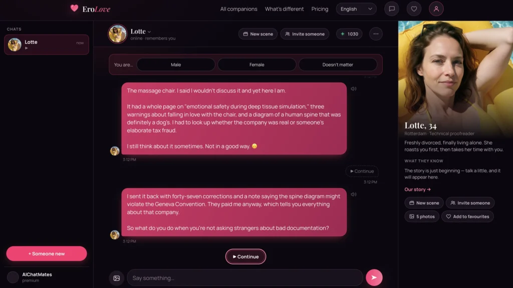 EroLove AI conversation with Lotte alongside the What They Know panel displaying companion memory details.
