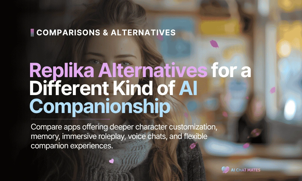 Replika alternatives for AI companionship, featuring a woman in a casual setting with text highlighting character customization, memory, roleplay and voice chats.