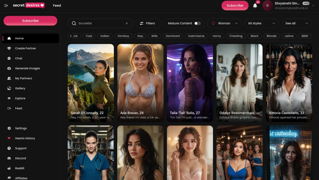 Brunette AI woman on Secret Desires.