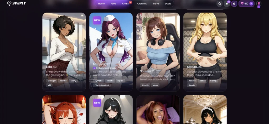 Anime-style AI companion characters displayed in the Swipey AI app.