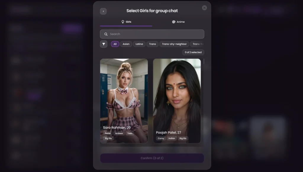 Screenshot of the Swipey AI "Select Girls for group chat" menu displaying companion profiles including Sara Rahman and Poojah Patel.