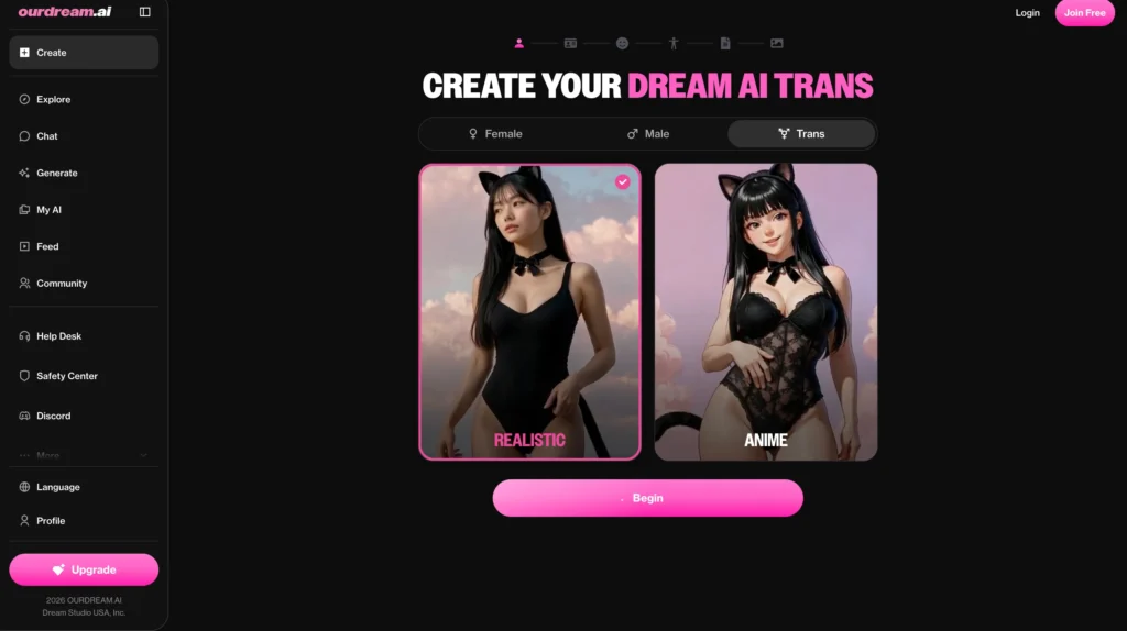 OurDream AI transgender companion character profiles and customization