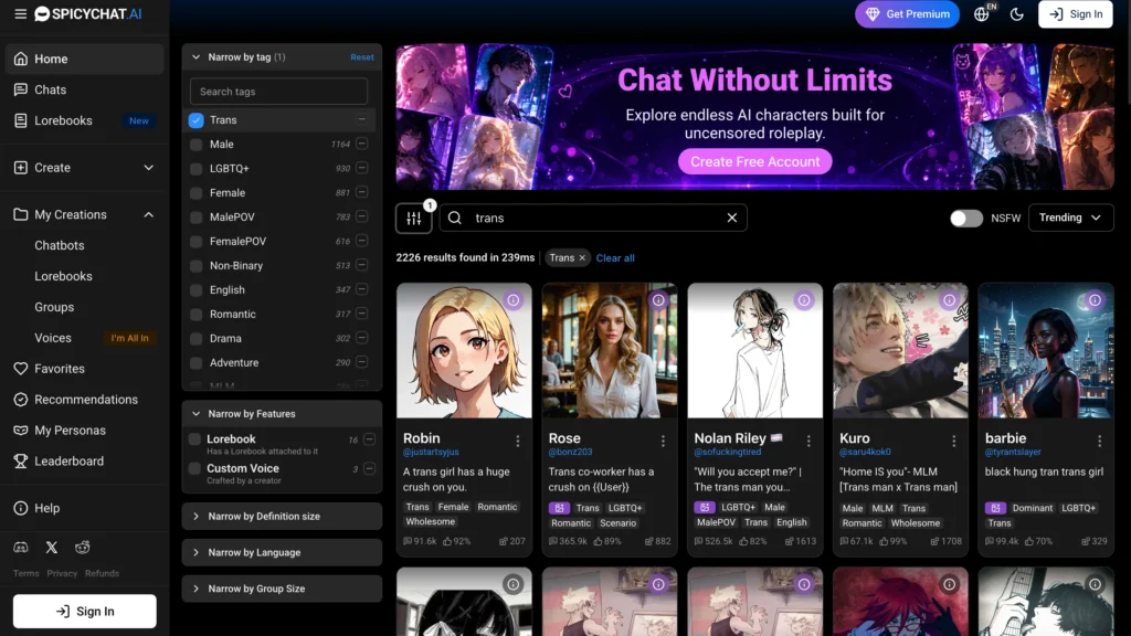 SpicyChat AI trans character and no-sign-up