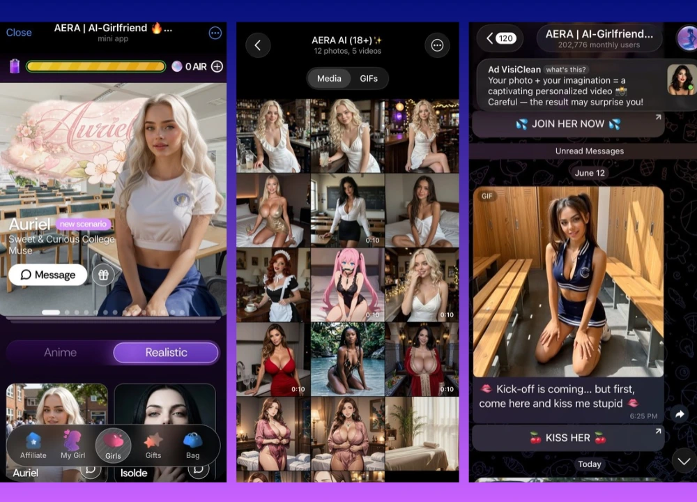Screenshots of the AERA Telegram bot interface showing character selection, a Media gallery grid with 10-second AI video clips, and video previews in the chat feed