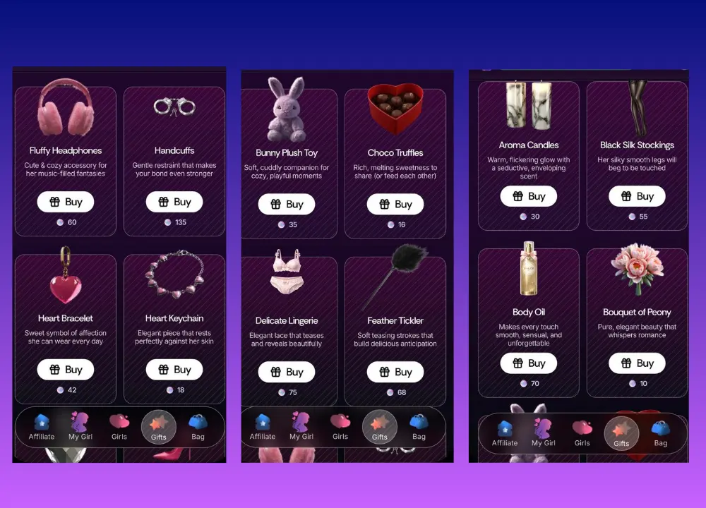 Screenshots of the AERA Telegram mini app gift shop displaying items like fluffy headphones, handcuffs, a bunny plush toy, truffles, candles, and silk stockings with AIR prices.