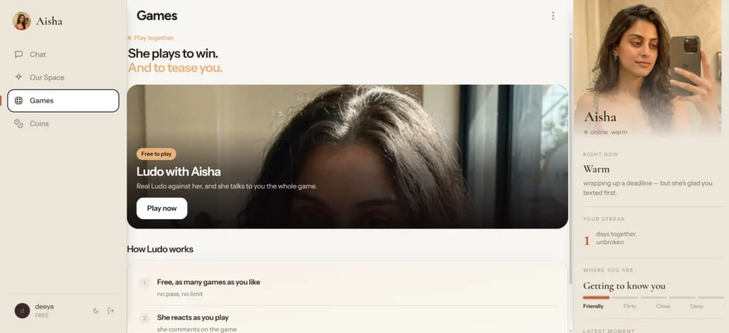 Aisha AI companion Games tab showing a Ludo game to play with an AI companion